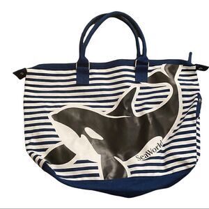 Sea World Duffle Tote Bag Navy Blue White Striped Shamoo